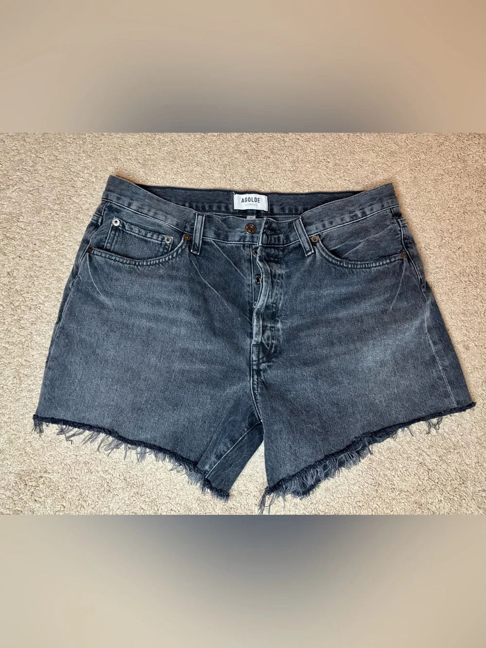 AGOLDE Parker Long Black Frayed Hem Denim Shorts